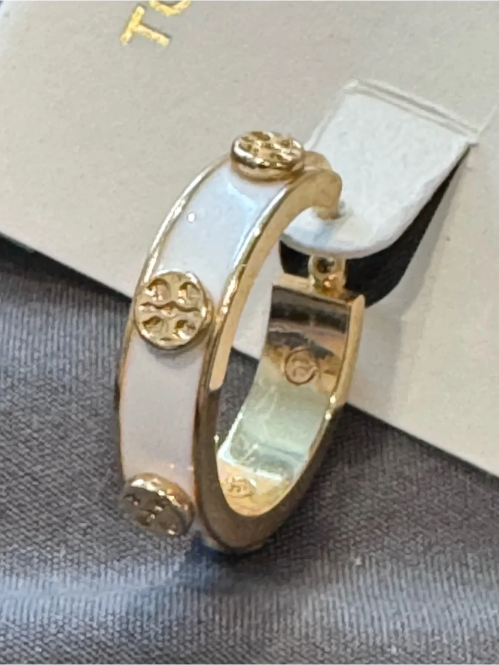 Tory Burch Gold and White Enamel Logo Accent Hoop Earrings